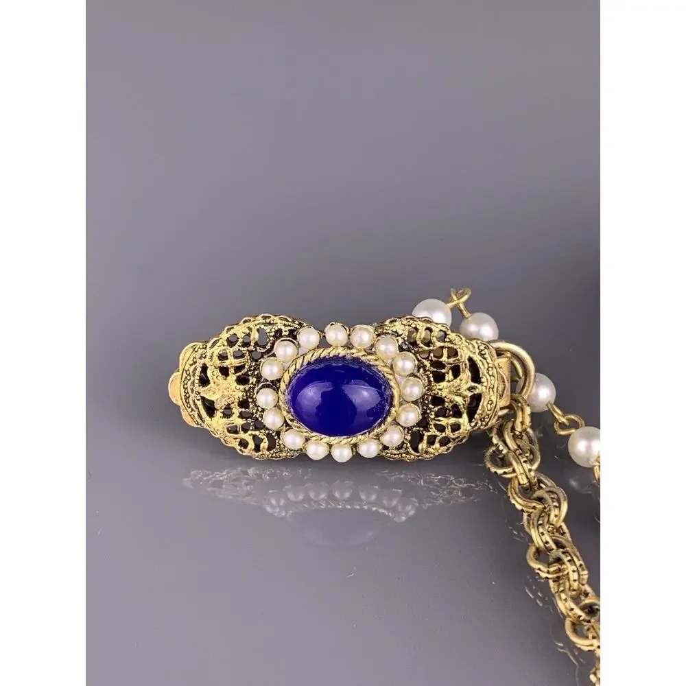 Fillagree Blue Cabochon Collar Chain Shirt Sweater Blouse Tassel 4.5